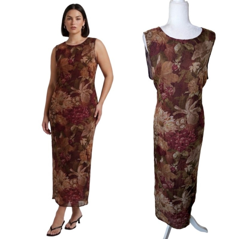 Vintage Size 18 Sleeveless Brown Floral Maxi Dress 90's Fall Whimsigoth Ethereal